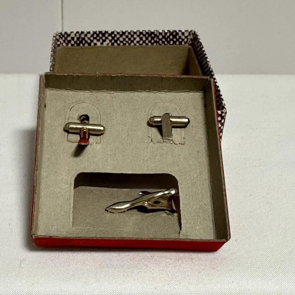 VTG Cufflinks Tie Bar‎ Set Gold Tone Steam Shovel Paper Gift Box Tweed Print